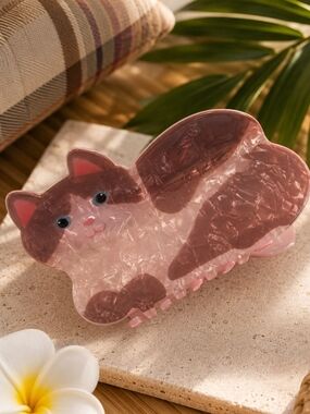 Cat-Shaped Pink Brown Acrtate Hair Claw Clip Kawaii New